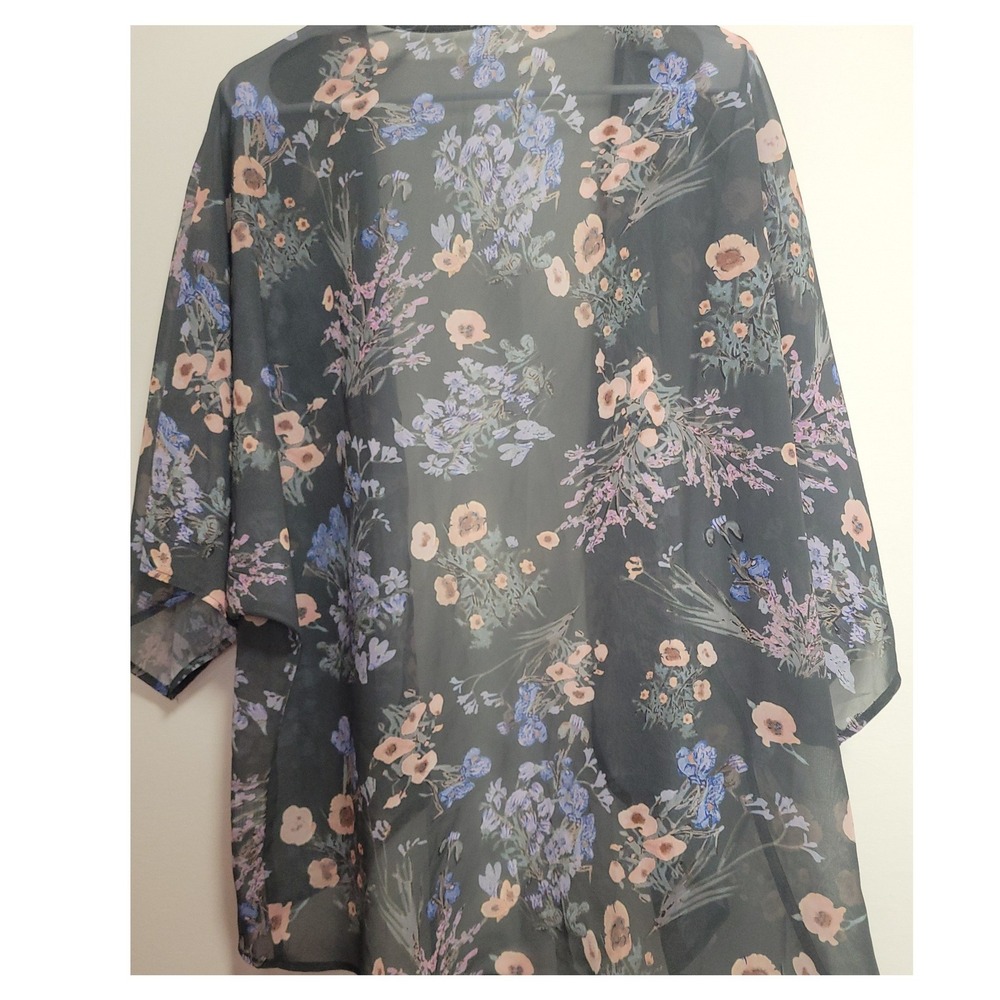 Floral Kimono Wrap Sheer Gray Purple Blue Open Front Cardigan XL - Picture 3 of 6